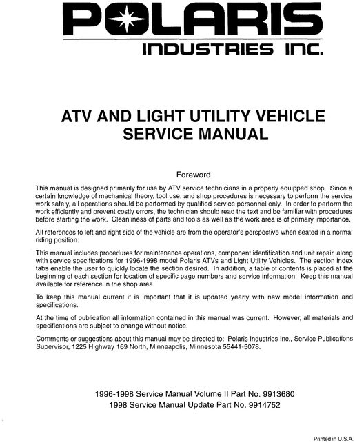 Product picture Polaris atv factory service manual 1996-1998 all models